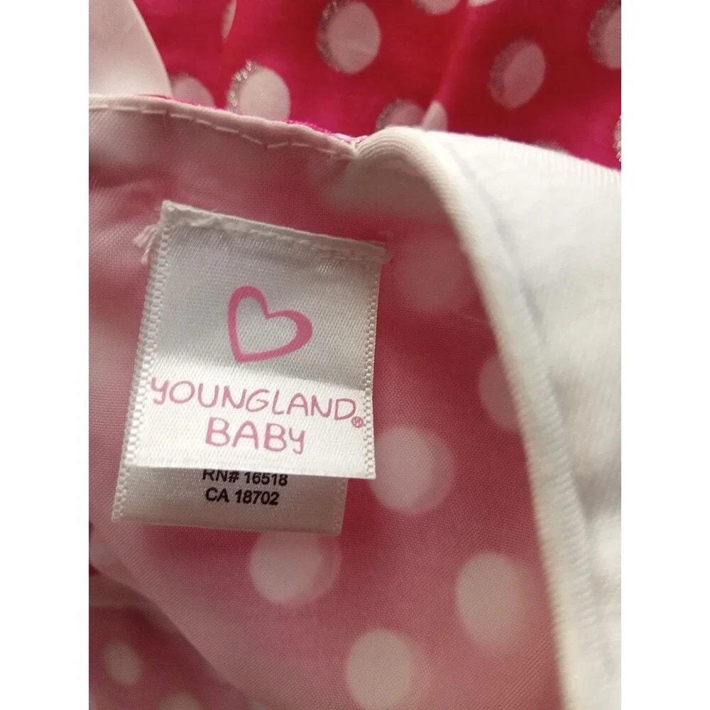 Youngland Baby Girl Pink White Polka Dot Flower Dress Rhinestone Toddler Sz 24M